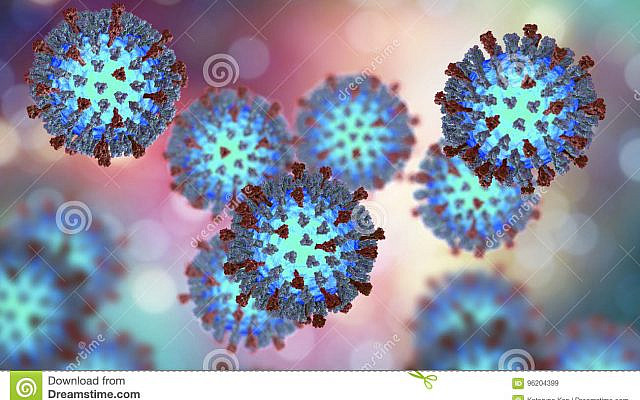 Measles viruses. 3D illustration showing structure of measles virus with surface glycoprotein spikes heamagglutinin-neuraminidase and fusion protein measles virus,