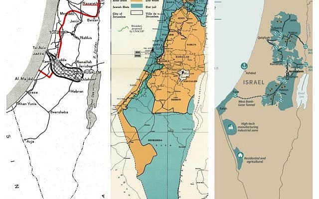 Partition plan maps, left to right: 1937 Peel plan, 1947 UN plan, 2020 Trump plan. Partition plan maps, left to right: 1937 Peel plan, 1947 UN plan, 2020 Trump plan.