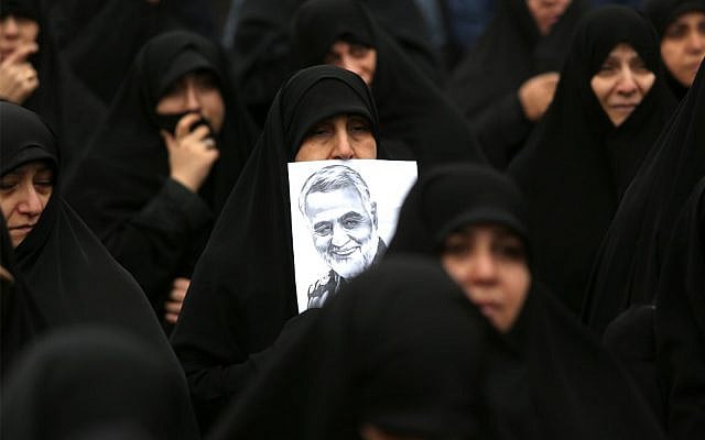 Iranian women take part in an anti-US rally to protest the killing of Iranian military commander Qasem Soleimani in Tehran, January 4, 2020. (Atta Kenare/AFP) Iranian women take part in an anti-US rally to protest the killing of Iranian military commander Qasem Soleimani in Tehran, January 4, 2020. (Atta Kenare/AFP)