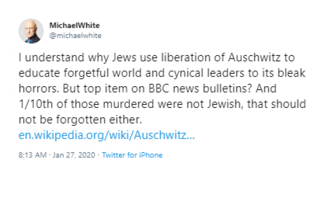 Screenshot of Michael White's tweet (Jewish News)