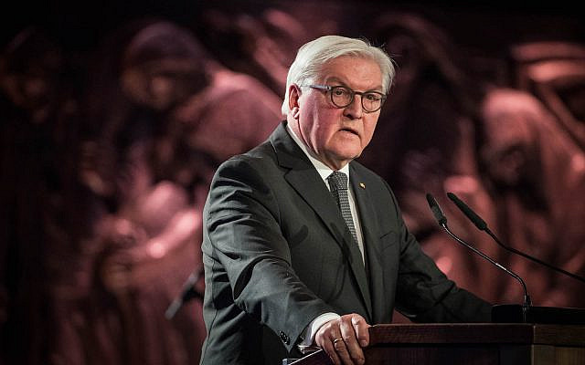 German President Frank-Walter Steinmeier, speaks during the Fifth World Holocaust Forum at the Yad Vashem Holocaust memorial museum in Jerusalem, January 23, 2020. (Yonatan Sindel/FLASH90)
    