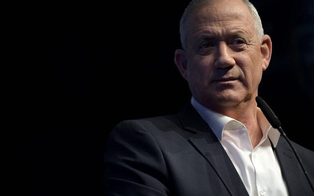 Benny Gantz, head of Blue and White party, speaks at an election campaign event in Ramat Gan on Feb 25, 2020. (Gili Yaari/Flash90)
