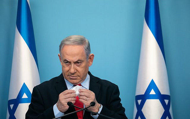 Prime Minister Benjamin Netanyahu at a press conference about the coronavirus at the Prime Minister's Office in Jerusalem on March 12, 2020. (Olivier Fitoussi/Flash90)