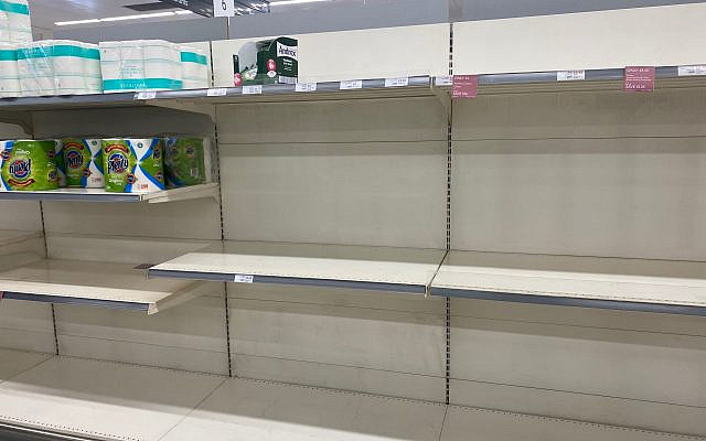 Empty supermarket shelves as shoppers buy up toilet paper amid the coronavirus scare. (Jewish News)