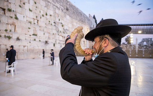 A man prays at the almost empty Western Wall, Judaism's holiest prayer site in the Old City of Jerusalem, April 7, 2020. (Nati Shohat/Flash90)