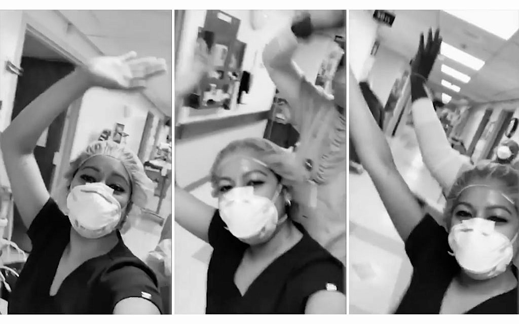 Medical workers dance during a 'Happy Code.' Montage from a video shared on Instagram by Montefiore Health System.