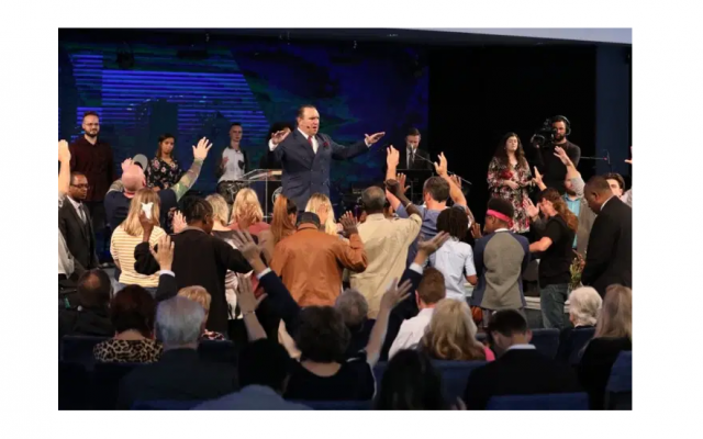Pastor Rodney Howard-Browne is shown leading a service at the River at Tampa Bay Church in Florida on March 29, 2020. Rev. Howard-Browne was subsequently arrested for encouraging hundreds to attend his megachurch. (courtesy River at Tampa Bay Church)