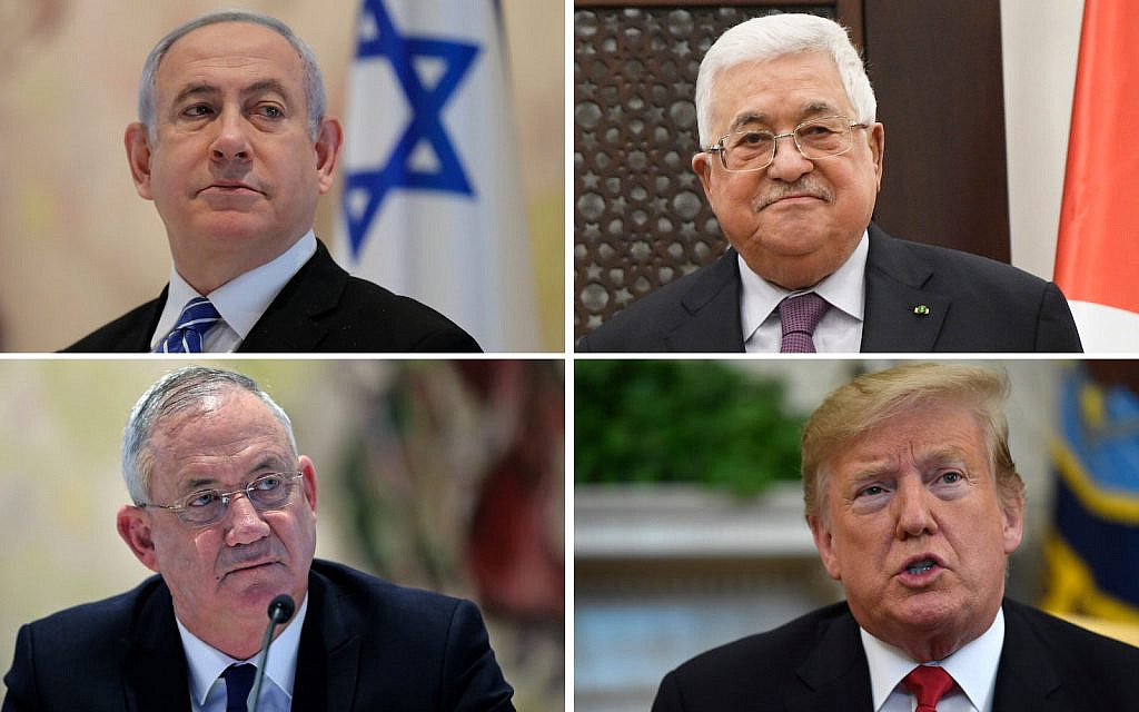 Clockwise from upper right: Prime Minister Benjamin Netanyahu, May 24, 2020. (Abir Sultan/Pool Photo via AP); Palestinian President Mahmoud Abbas, Jan 23, 2020. (Alexander Nemenov, Pool via AP); President Donald Trump (AP Photo/Susan Walsh); Defense Minister Benny Gantz, May 24, 2020. (Abir Sultan/ Pool/ AFP)