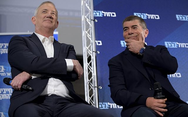 Benny Gantz, head of Blue and White party and MK Gabi Ashkenazi at an election campaign event ahead of the March elections, in Kfar Saba on Feb 12, 2020. (Gili Yaari / Flash90) Benny Gantz, head of Blue and White party and MK Gabi Ashkenazi at an election campaign event ahead of the March elections, in Kfar Saba on Feb 12, 2020. (Gili Yaari / Flash90)