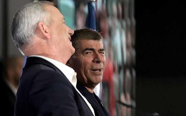 Benny Gantz, head of Blue and White party and MK Gabi Ashkenazi at an election campaign event ahead of the coming Israeli elections, in Kfar Saba on February 12, 2020. (Gili Yaari / Flash90) Benny Gantz, head of Blue and White party and MK Gabi Ashkenazi at an election campaign event ahead of the coming Israeli elections, in Kfar Saba on February 12, 2020. (Gili Yaari / Flash90)
