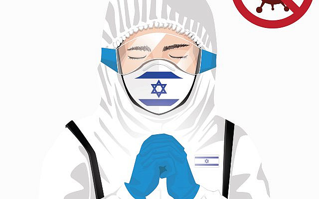 Covid-19 or Coronavirus concept. Israeli medical staff wearing mask in protective clothing and praying for against Covid-19 virus outbreak in Israel. Israeli man and Israel flag. Epidemic corona virus Covid-19 or Coronavirus concept. Israeli medical staff wearing mask in protective clothing and praying for against Covid-19 virus outbreak in Israel. Israeli man and Israel flag. Epidemic corona virus