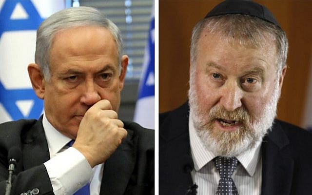Prime Minister Benjamin Netanyahu at the Knesset on November 20, 2019 (left), Attorney General Avichai Mandelblit addresses the press in Jerusalem on November 21, 2019. (Gali Tibon, Menahem Kahana / AFP)
