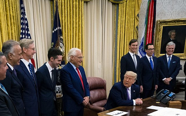 President Donald Trump announces an agreement to establish diplomatic ties between Israel and the United Arab Emirates (UAE), in the Oval Office of the White House on August 13, 2020, in Washington, DC. (Doug Mills-Pool/Getty Images/AFP) President Donald Trump announces an agreement to establish diplomatic ties between Israel and the United Arab Emirates (UAE), in the Oval Office of the White House on August 13, 2020, in Washington, DC. (Doug Mills-Pool/Getty Images/AFP)