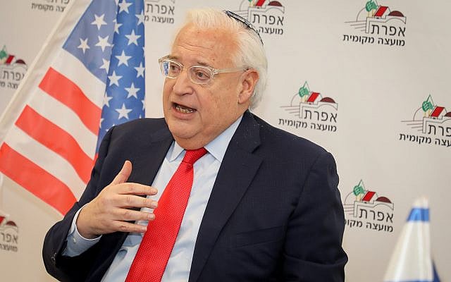 US ambassador to Israel, David Friedman speaks during a visit in the Jewish settlement of Efrat, in Gush Etzion, February 20, 2020. (Gershon Elinson/Flash90) US ambassador to Israel, David Friedman speaks during a visit in the Jewish settlement of Efrat, in Gush Etzion, February 20, 2020. (Gershon Elinson/Flash90)