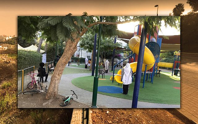 Men gather to pray in a playground in Kiryat Yearim, Israel on Sukkot. (Carol Ungar; background Google Street View)
