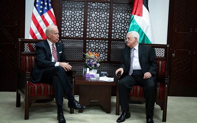 US Vice President Joe Biden (left) with Palestinian Authority President Mahmoud Abbas in the West Bank city of Ramallah, on March 9, 2016. (FLASH90)