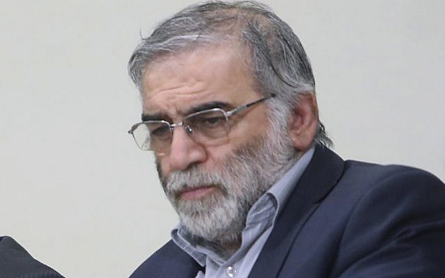 In this cropped photo, Mohsen Fakhrizadeh sits in a meeting with Supreme Leader Ayatollah Ali Khamenei in Tehran, Iran, January 23, 2019. (Office of the Iranian Supreme Leader via AP)