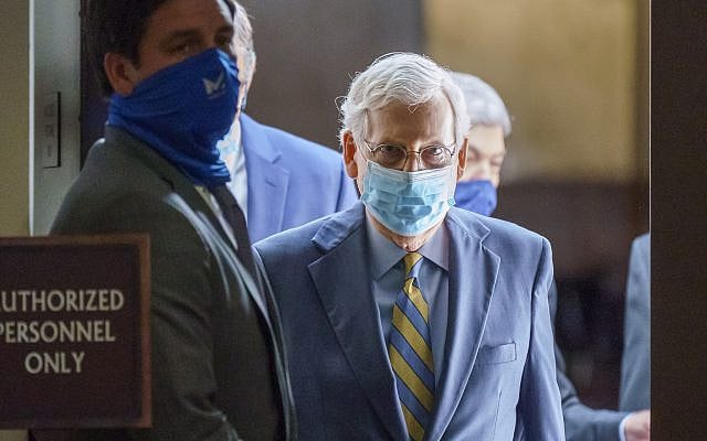 Senate Majority Leader Mitch McConnell, R-Ky., arrives to meet with reporters following a Republican strategy session, at the Capitol in Washington, September 22, 2020. (AP/J. Scott Applewhite)