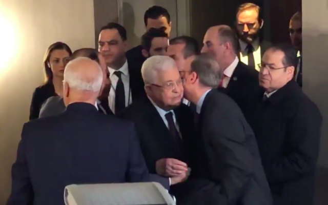J Street CEO Jeremy Ben-Ami kisses Palestinian Authority President Mahmoud Abbas during a 2019 meeting in NYC. 

Credit: Screenshot