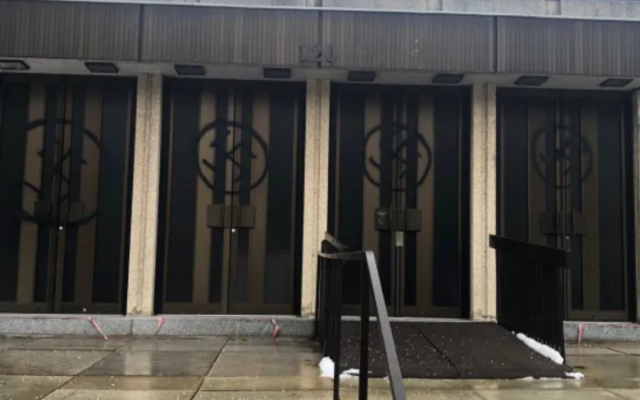 Swastikas were spray-painted on Montreal's Congregation Shaar Hashomayim's front doors, January 13, 2021. (Friends of Simon Wiesenthal Center) Swastikas were spray-painted on Montreal's Congregation Shaar Hashomayim's front doors, January 13, 2021. (Friends of Simon Wiesenthal Center)