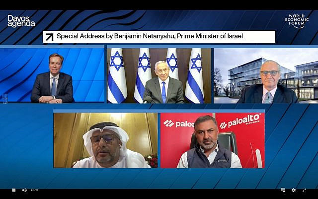 Special Address by Benjamin Netanyahu, Prime Minister of Israel in an image released to the media during the virtual meetings of the Davos World Economic Forum on Jan. 24, 2021. (Photo by Pascal Bitz/World Economic Forum via Sipa USA)  **EDITORIAL USE ONLY**No Use Germany.