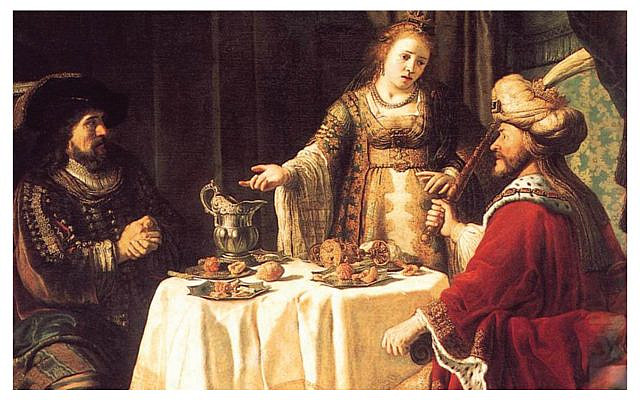 'The Banquet of Esther and Ahasuerus,' by Jan Victors, mid-late 1600s. (Wikipedia, Hebrew)