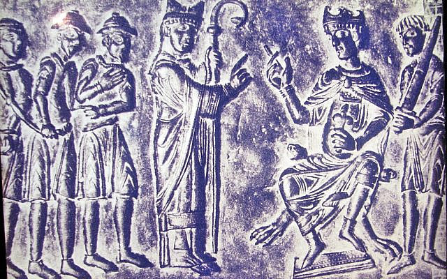 A Jewish slave trader being presented to Boleslas of Bohemia, at an exhibit at the Diaspora Museum, Tel Aviv. (Wikipedia)