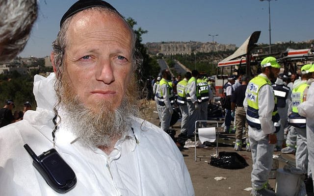 Yehuda Meshi Zahav, head of Israel's Zaka rescue unit, at the scene of a suicide bombing. (Flash90/File)