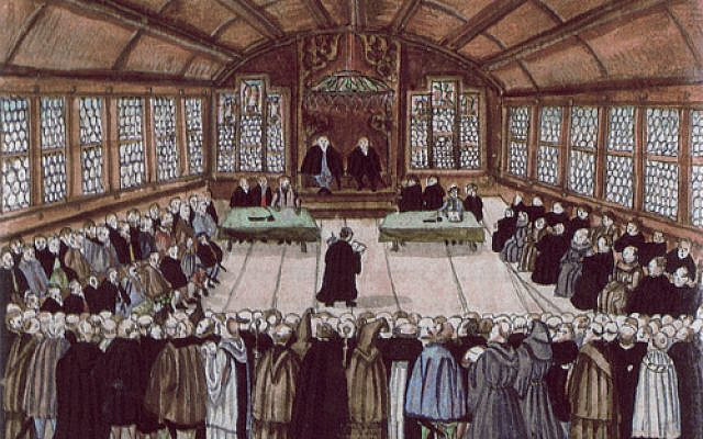 Deutsch: Darstellung der ersten Zürcher Disputation von 1523 in einer Abschrift von Bullingers Reformationsgeschichte. Unknown artist. (Public domain)