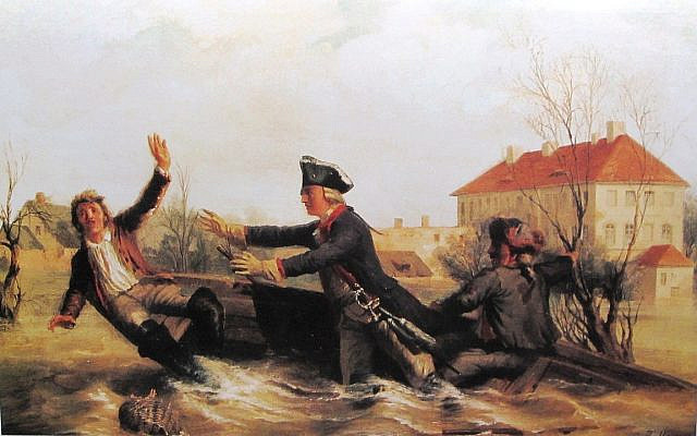 Duke Leopold von Braunschweig falls from the capsizing boat on his rescue trip. (Public Domain/ Wikimedia Commons). Duke Leopold von Braunschweig falls from the capsizing boat on his rescue trip. (Public Domain/ Wikimedia Commons).