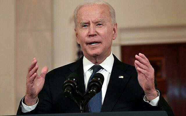 US President Joe Biden delivers remarks on the Middle East in the Cross Hall of the White House, in Washington, DC on May 20, 2021. - Israel and the two main Palestinian armed groups in Gaza, Hamas and Islamic Jihad, announced a ceasefire on May 20, 2021 aimed to end the most devastating conflict between them for seven years. (Photo by Nicholas Kamm / AFP)
