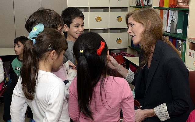 U.S. Ambassador to the UN Samantha Power toured the Max Rayne Bilingual Hand in Hand school in Jerusalem, where she visited the first-grade classroom targeted by arsonists in November 2014 and engaged with students and faculty Monday, February 15, 2016.