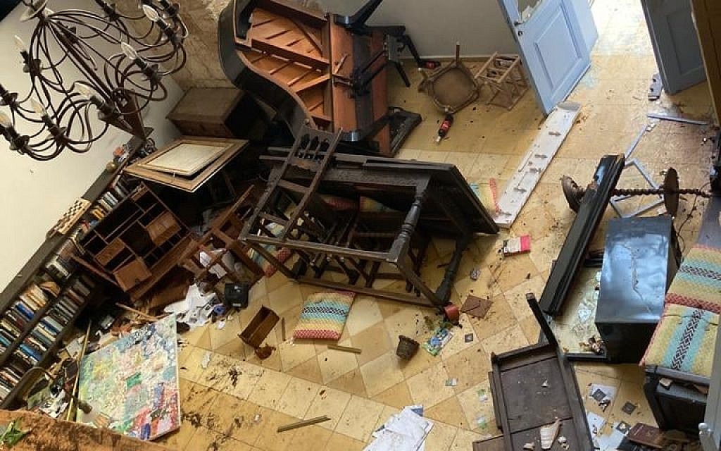 Damage caused by a violent mob at the Arabesque Arts and Residency Center in Acre, May 12 (courtesy)
