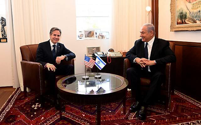 Prime Minister Benjamin Netanyahu, right, meets US Secretary of State Antony Blinken in his office in Jerusalem, May 25, 2021. (Matty Stern/US Embassy Jerusalem)