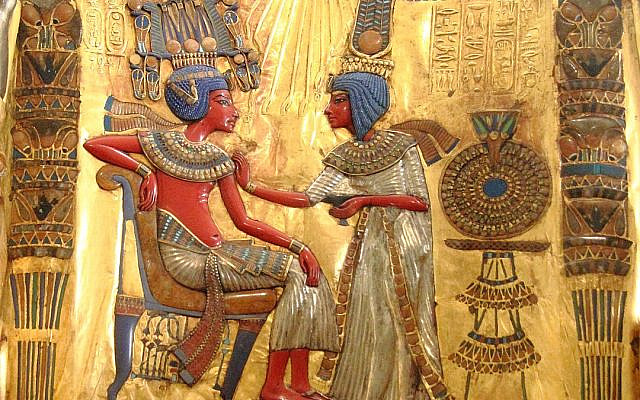 The gilded throne of the ancient Egyptian king Tutankhamun, wood, gold, glass, carnelian, from the tomb treasure of Tutankhamun (KV62), New Kingdom, 18th dynasty, ca. 1336-1327 BC, at the Egyptian Museum, Cairo. The gilded throne of Pharaoh Tutankhamun is but one of the treasures found within his tomb. (Wikipedia)