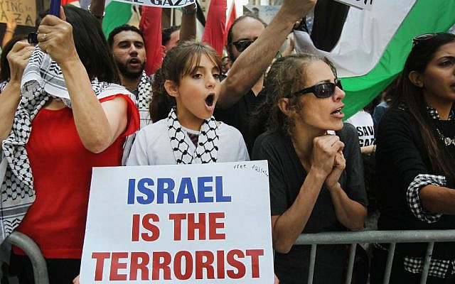 Pro-Palestinian demonstrators protest across the street from a pro-Israel rally in Chicago, Ill., July 28, 2014. (Scott Olson/Getty Images/via JTA)