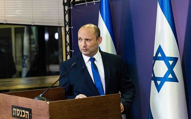 Head of the Yamina party Naftali Bennett gives a press conference at the Knesset, the Israeli parliament in Jerusalem, on May 30, 2021. (Yonatan Sindel/Flash90)