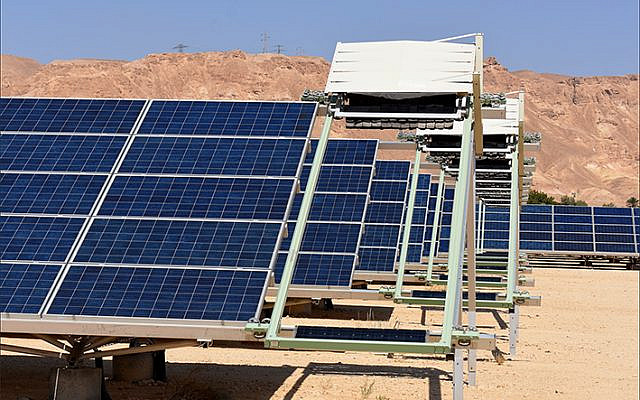 Solar panels produce electricity at Kibbutz Ketura in Israel’s Arava Valley. (Larry Luxner)