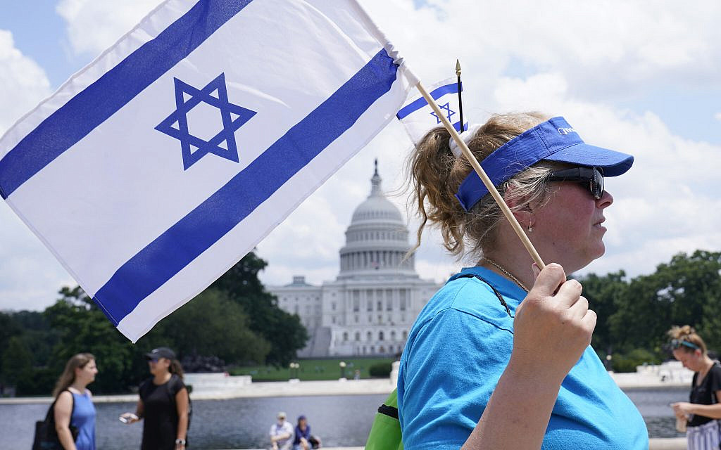Cara Altman of Livingston, N.J., attends the "NO FEAR: Rally in Solidarity with the Jewish People" event in Washington, Sunday, July 11, 2021, co-sponsored by the Alliance for Israel, Anti-Defamation League, American Jewish Committee, B'nai B'rith International and other organizations. (AP Photo/Susan Walsh)