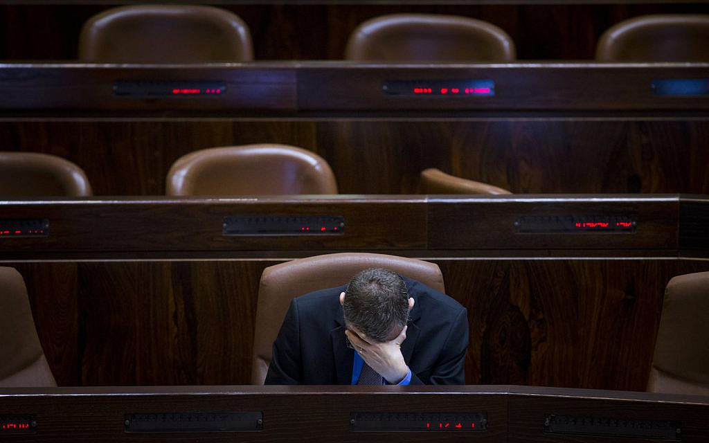 IIllustrative: Then Minister of Tourism Yariv Levin at the Knesset during a special session about the Israel Railways work on Shabbat on September 19, 2016. (Yonatan Sindel/Flash90)