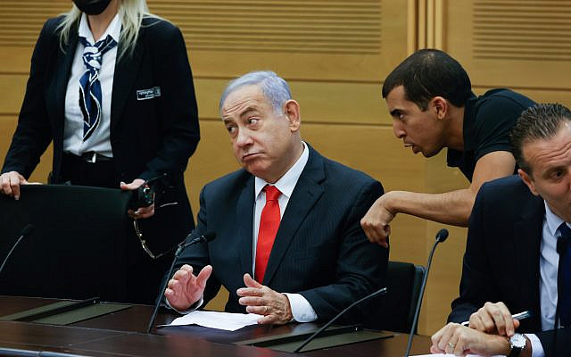 Head of opposition Benjamin Netanyahu leads a meeting of the right-wing parties, in the Israeli parliament on June 14, 2021. (Yonatan Sindel/FLASH90)
