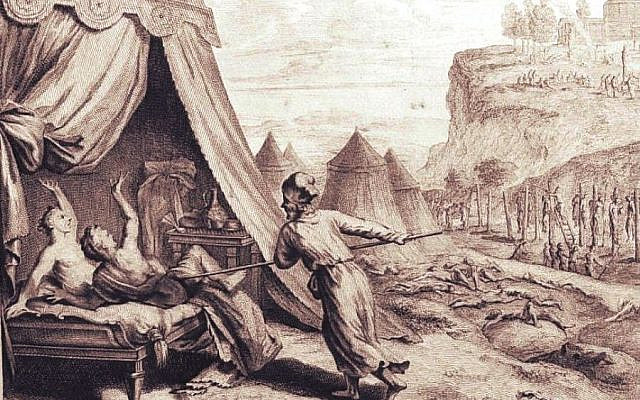 Zimri and Cozbi are slain by Phinehas (Mortier's Bible), 1700. (Wikipedia)