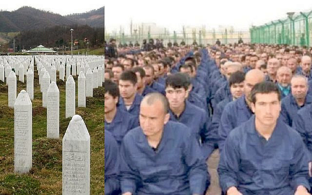 Left: Graves mark victims of the Srebrenica genocide. Right: Uyghur men in prison camps in northwestern China (Jewish News) Left: Graves mark victims of the Srebrenica genocide. Right: Uyghur men in prison camps in northwestern China (Jewish News)