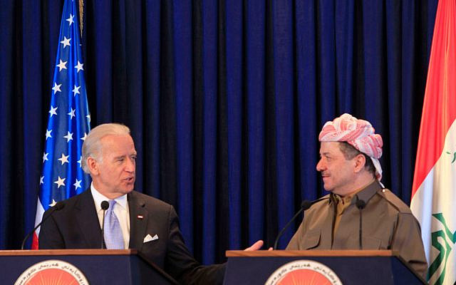 US Vice President Joe Biden, left, and President of the Kurdish controlled part of Iraq Masoud Barzani talk during a press conference in Irbi, 350 kilometers (217 miles) north of Baghdad, Iraq, Thursday, Sept. 17 2009. l(AP Photo/Yahya Ahmed) US Vice President Joe Biden, left, and President of the Kurdish controlled part of Iraq Masoud Barzani talk during a press conference in Irbi, 350 kilometers (217 miles) north of Baghdad, Iraq, Thursday, Sept. 17 2009. l(AP Photo/Yahya Ahmed)