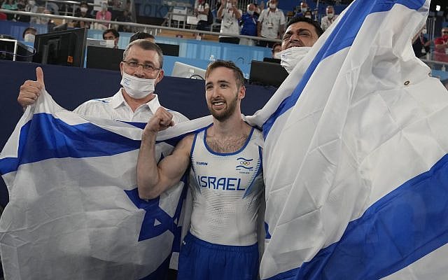 Artem Dolgopyat of Israel celebrates after winning the gold medal on the floor exercise in the artistic gymnastics men's final at the 2020 Summer Olympics, on August 1, 2021, in Tokyo. (AP Photo/ Natacha Pisarenko) Artem Dolgopyat of Israel celebrates after winning the gold medal on the floor exercise in the artistic gymnastics men's final at the 2020 Summer Olympics, on August 1, 2021, in Tokyo. (AP Photo/ Natacha Pisarenko)