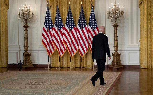 US President Joe Biden leaves the podium, after speaking about the Taliban's takeover of Afghanistan, from the East Room of the White House, on August 16, 2021, in Washington, DC. (Brendan Smialowski/AFP) US President Joe Biden leaves the podium, after speaking about the Taliban's takeover of Afghanistan, from the East Room of the White House, on August 16, 2021, in Washington, DC. (Brendan Smialowski/AFP)