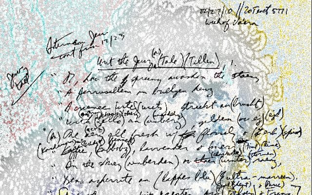 Photo of first page of Eternal Jew's Tale in author's notebook. Photo and superimposed art by author