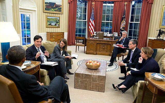 President Barack Obama holds a meeting on the government's Ebola response, in the Oval Office, Oct. 27, 2014. Attending, from left, are: Ebola Response Coordinator Ron Klain; Health and Human Services Secretary Sylvia Mathews Burwell; Chief of Staff Denis McDonough; Leslie Dach, Senior Counsel, U.S. Department of Health and Human Services; and Lisa Monaco, Assistant to the President for Homeland Security and Counterterrorism. (Credit: Wikipedia/Official White House Photo by Pete Souza/ Source: https://www.flickr.com/photos/obamawhitehouse/16168102163// via Jewish News ) President Barack Obama holds a meeting on the government's Ebola response, in the Oval Office, Oct. 27, 2014. Attending, from left, are: Ebola Response Coordinator Ron Klain; Health and Human Services Secretary Sylvia Mathews Burwell; Chief of Staff Denis McDonough; Leslie Dach, Senior Counsel, U.S. Department of Health and Human Services; and Lisa Monaco, Assistant to the President for Homeland Security and Counterterrorism. (Credit: Wikipedia/Official White House Photo by Pete Souza/ Source: https://www.flickr.com/photos/obamawhitehouse/16168102163// via Jewish News )
