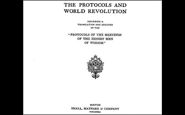 Title page of 1920 edition of The Protocols of the Elders of Zion (Wikimedia)