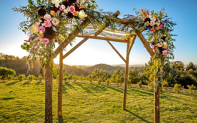 Outdoor sunset view of a Jewish traditions wedding ceremony. Wedding canopy chuppah or huppah .